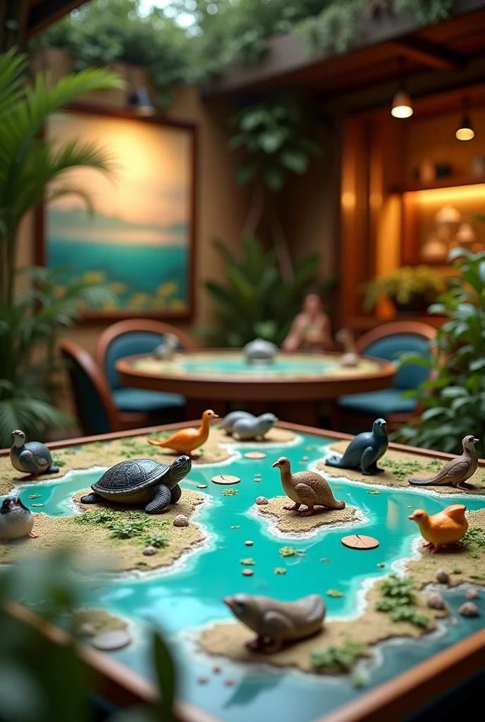 An ecological recreational space within a hotel, where guests can be comfortable and enjoy learning about natural conservation with board games, It is not necessary to add water, Simply that the board games are ecological and activist. Notice recreational games where turtles appear, sea lions, Penguins, finches they will be the pieces of the game board.