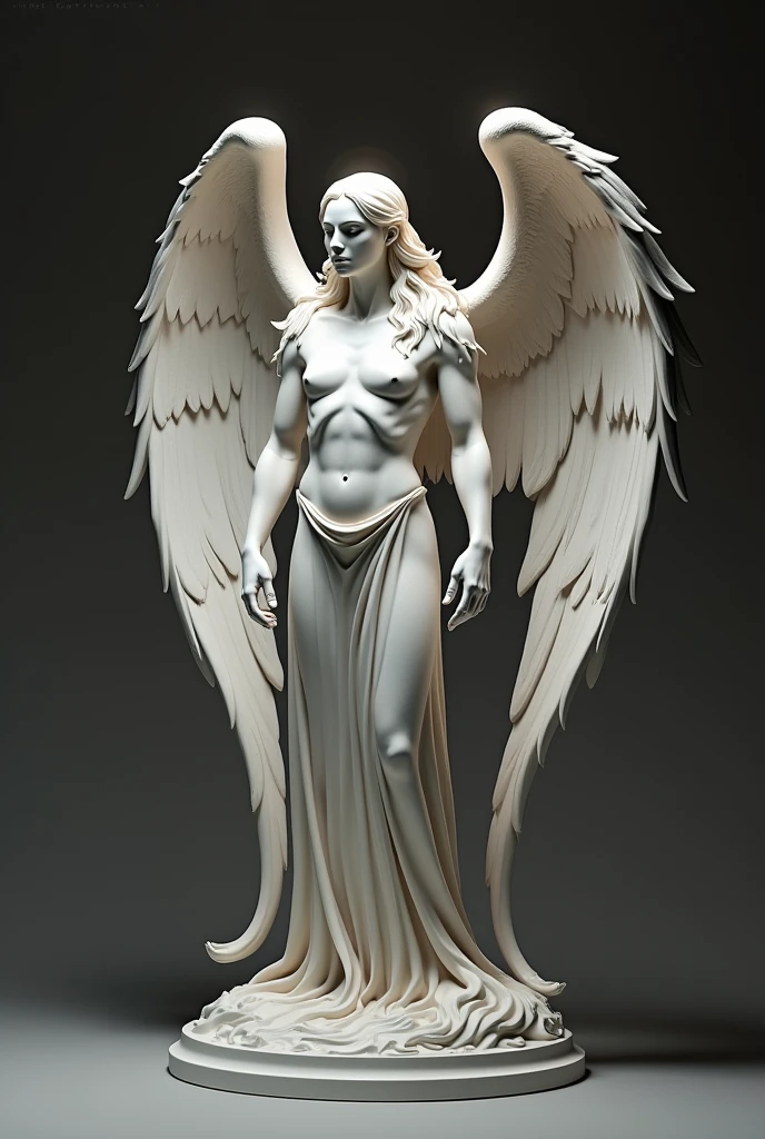 Central Figure: Lucifer Style: An angelic and imposing figure, with open wings and a majestic posture. The appearance can mix characteristics of both an angel and an infernal entity., like a combination of heavenly beauty and a touch of rebellion.
Appearance: Details like a luminous aura around the head or an intense glow around the wings to symbolize light. The figure can be sculpted with a touch of modernity, using clean lines and soft shading.