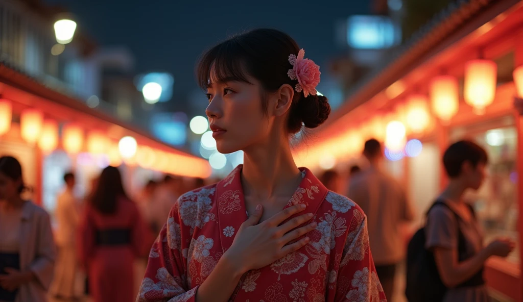 (best quality, masterpiece, ultra detailed, ultra high res, photorealistic, raw photo, absurdres, absolutely resolution), A woman wearing a yukata at a night festival is lost in thought with her hand on her chest