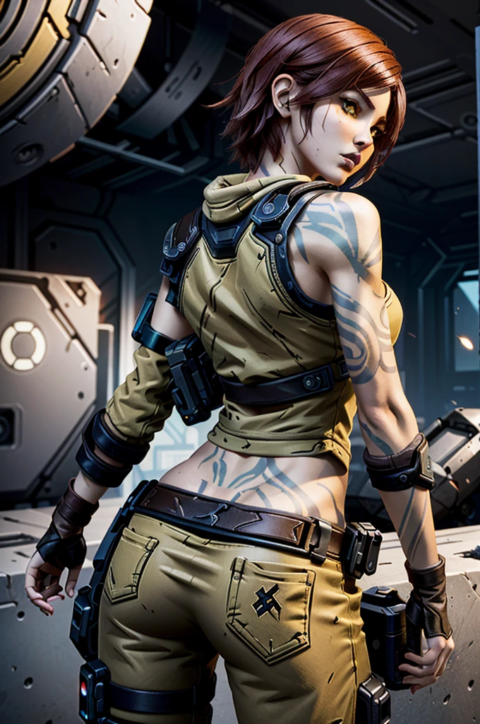 (masterpiece, best quality, cinematic lighting)
LilithBorderlands,  1girl, solo, red hair, yellow eyes, upper body, from behind, looking at viewer
  