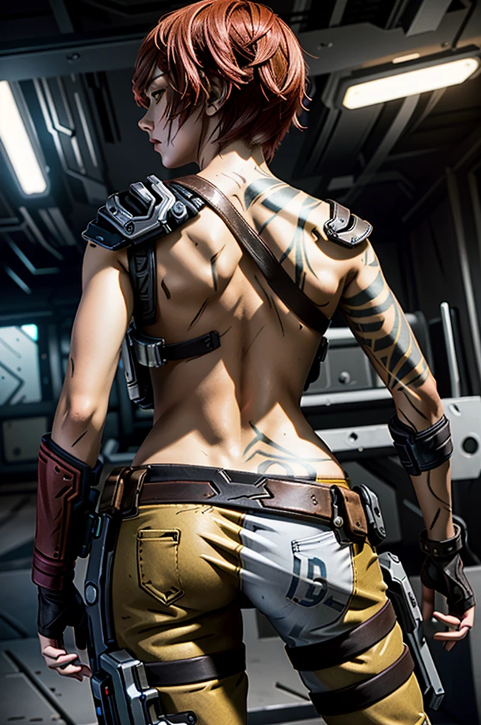 (masterpiece, best quality, cinematic lighting)
LilithBorderlands,  1girl, solo, red hair, yellow eyes, upper body, from behind, looking at viewer
  