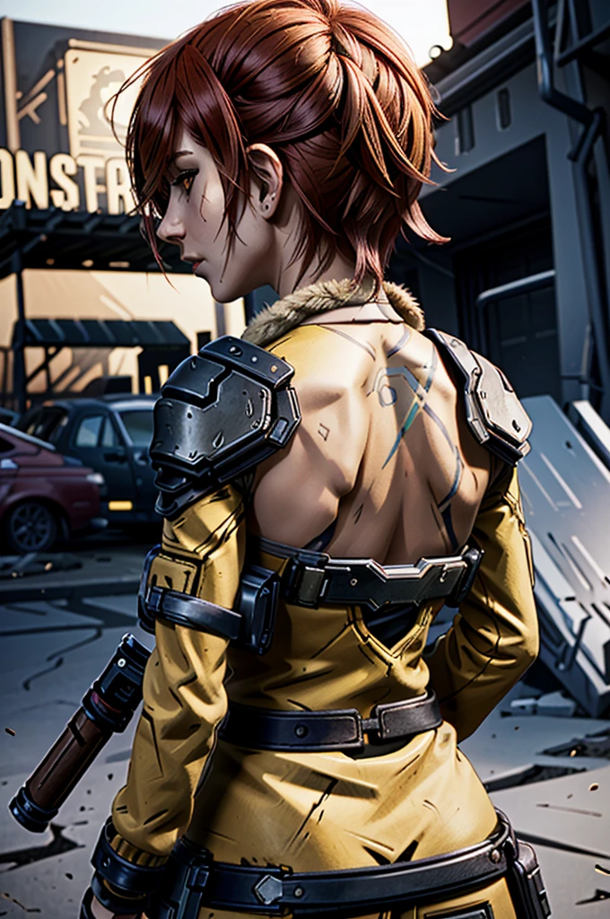 (masterpiece, best quality, cinematic lighting)
LilithBorderlands,  1girl, solo, red hair, yellow eyes, upper body, from behind, looking at viewer
  