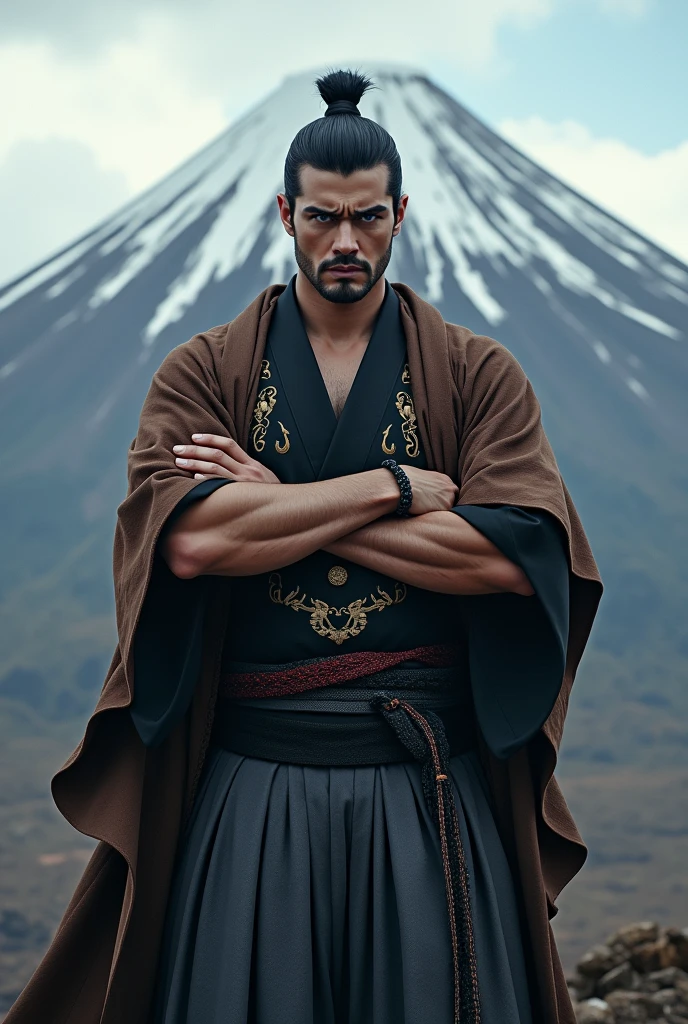A man with short black hair, arms crossed, sharp blue eyes, a brown haori coat, a black kimono with gold embroidery, a gray and black gradient hakama, a dark red, black and gray friendship bracelet on his leg, standing with Sakurajima in the background