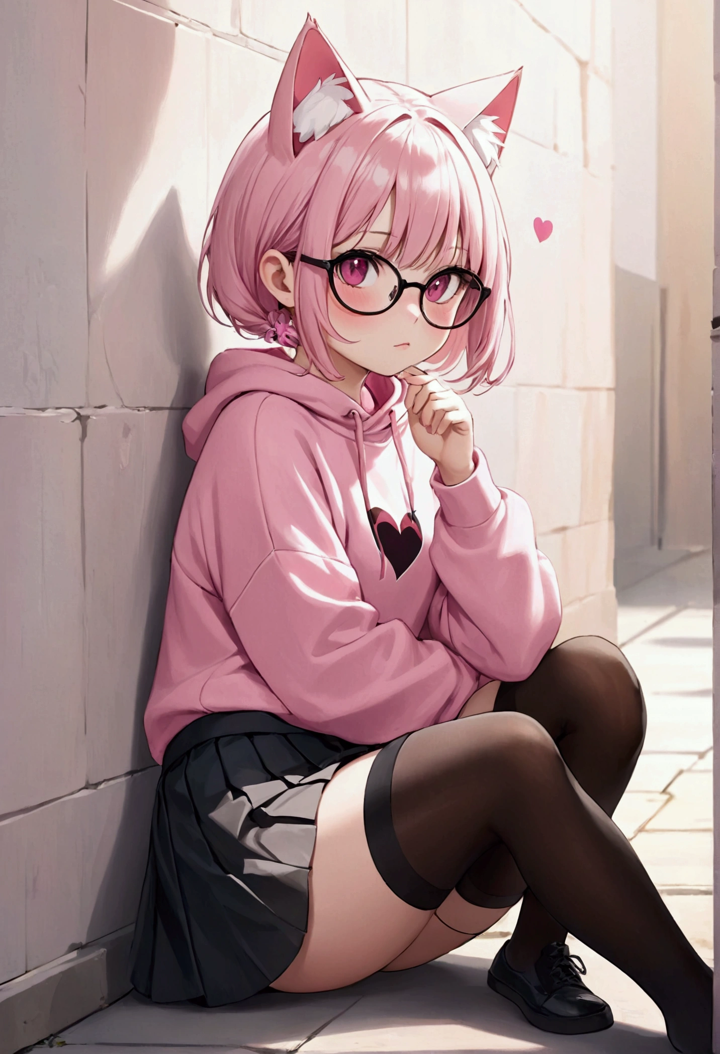 I have white pink hair, cat ears, a bun, my face is super blushing, black glasses, pink heart eyes, a big pink sweatshirt, a black skirt, black stockings, white shoes, a cat&#39;s tail, a girl. very shy that she is glued to a wall with her butt