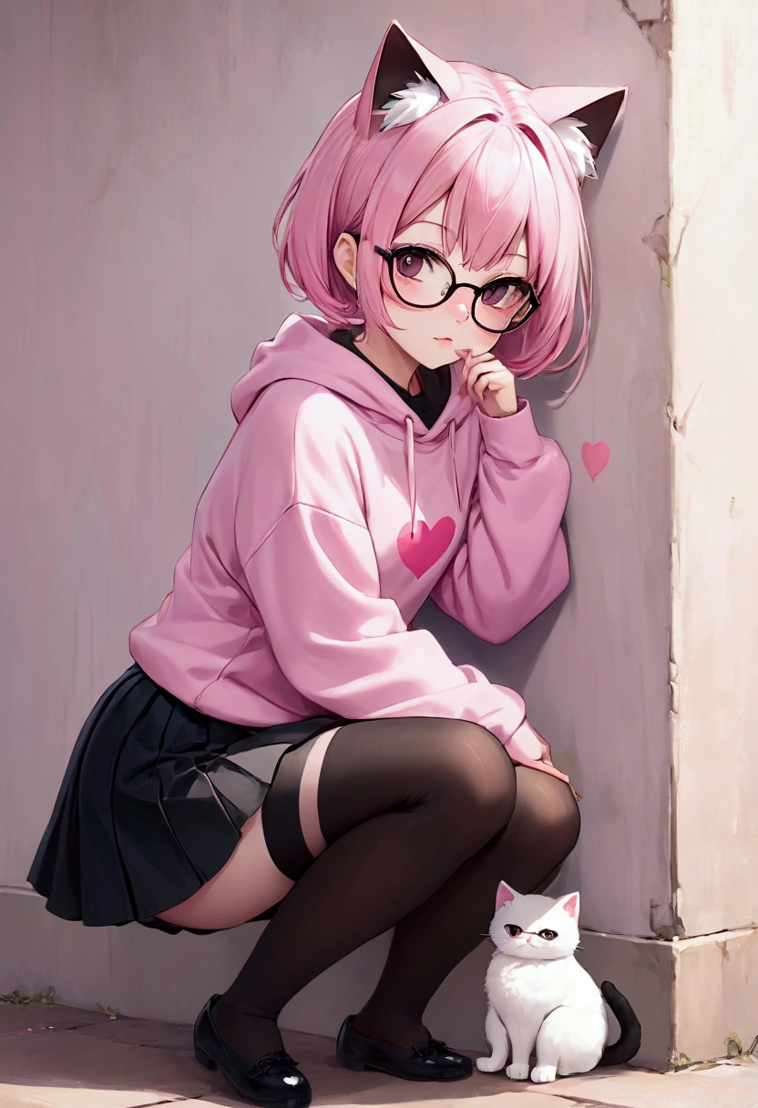 I have white pink hair, cat ears, a bun, my face is super blushing, black glasses, pink heart eyes, a big pink sweatshirt, a black skirt, black stockings, white shoes, a cat's tail, a girl. very shy that she is glued to a wall with her butt