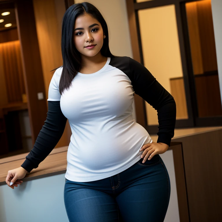 body photo, beautiful detailed, cute face, short, Guanajuato teen, slightly chubby, short black hair, black hair over one eye, long sleeve plain T-shirt, long pants, pearshaped wide hips with thick thighs, solo, voluptuous round butt. 