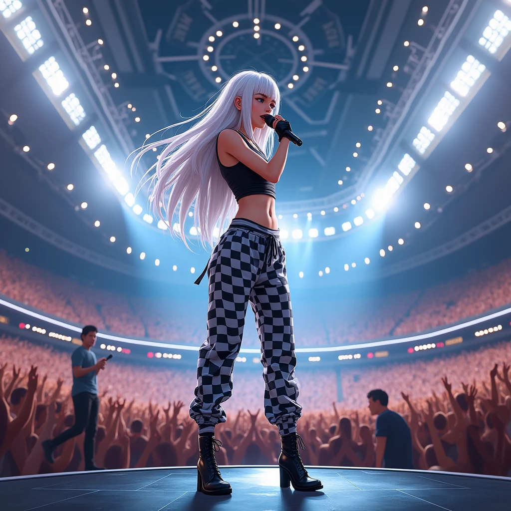 A girl with long white hair,standing wearing a black and white checked crop top and black and white checked sweatpants and black heeled boots,I want her with a microphone in her hand singing at a show with lots of people,um palco enorme do superbowl