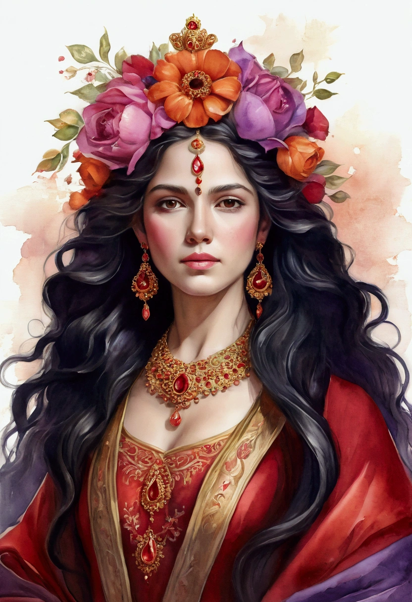 **Descrição da Imagem:**

A imagem mostra uma jovem mulher com cabelos longos e ondulados, de cor preta, decorados com grandes flores vermelhas, laranjas e roxas. As flores estão dispostas em uma coroa ao redor de sua cabeça, criando um contraste vibrante com a pele clara da mulher. Ela veste um vestido vermelho que complementa a paleta de cores das flores, adicionando um toque de sofisticação ao visual. A expressão da mulher é serena e suave, com os olhos ligeiramente brilhantes e os lábios levemente rosados. O fundo da imagem é claro, com detalhes que parecem pinceladas suaves de aquarela, reforçando a estética artística e floral.

**Prompt em Inglês:**

"Create a highly detailed digital painting of a young woman with long, wavy black hair adorned with a crown of large, vibrant flowers in shades of red, orange, and purple. The flowers are intricately arranged around her head, contrasting beautifully with her fair skin. The woman is dressed in a red gown that complements the flowers, adding elegance to her appearance. Her expression is serene and soft, with slightly glowing eyes and gently pink lips. The background is light with watercolor-like brushstrokes, enhancing the artistic and floral theme of the image."