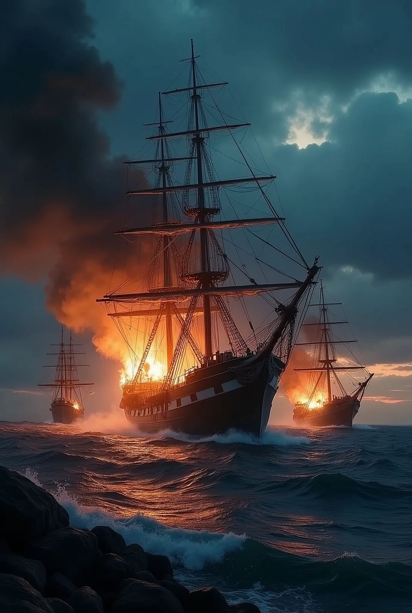 a dramatic scene of 3 ships colliding at night, one ship on fire, against a dramatic night sky, highly detailed, photorealistic, 8k, masterpiece