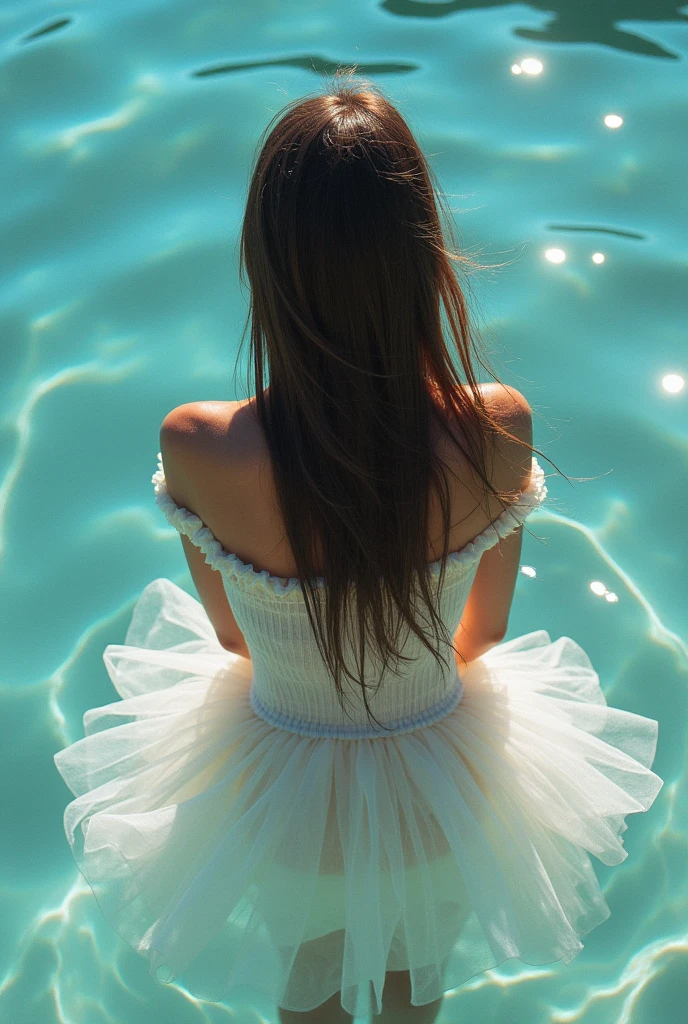 environmental optics,color,Clear light and dark,Sunlight,The light path is visible,girl,Long hair,Light and Shadow,Face shadows,High contrast,Cool colors,Off-shoulder,Bare legs,No backrest,petal,Ocean,tulle skirt,soft water(Low calcium carbonate content,Ocean level,reflective,Romantic