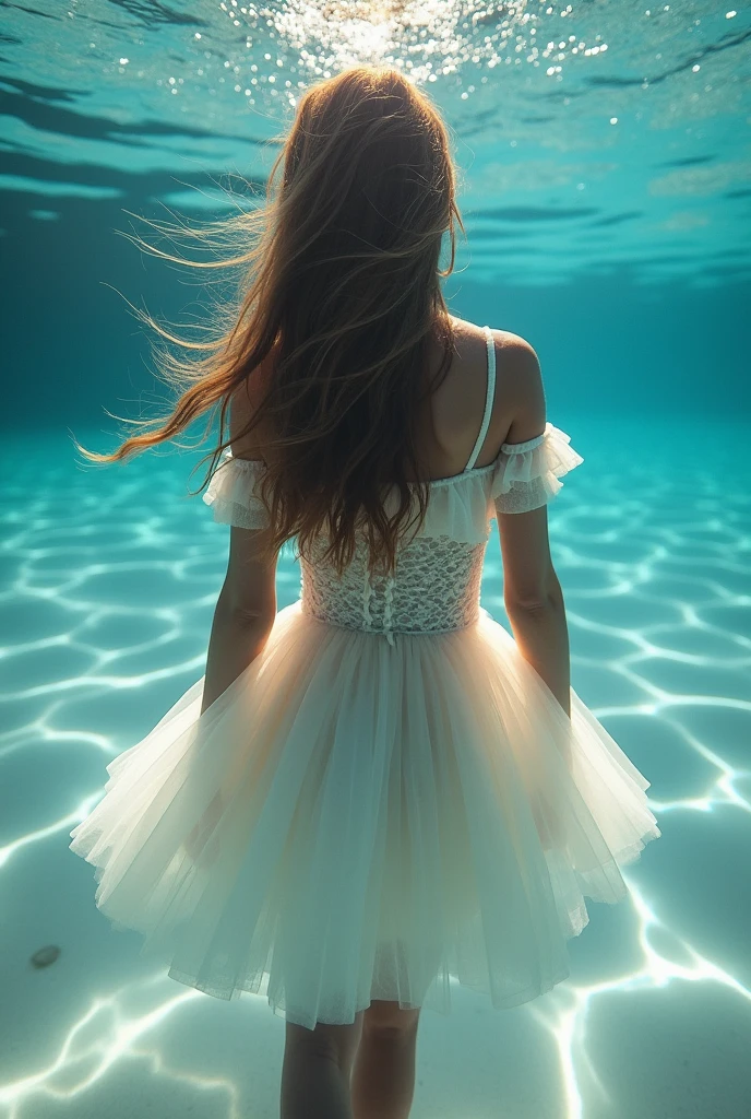 environmental optics，color，Clear light and dark，Sunlight，The light path is visible，girl，Long hair，Light and Shadow，Face shadows，High contrast，Cool colors，Off-shoulder，Bare legs，No backrest，petal，Ocean，tulle skirt，soft water（Low calcium carbonate content，Ocean level，reflective，Romantic