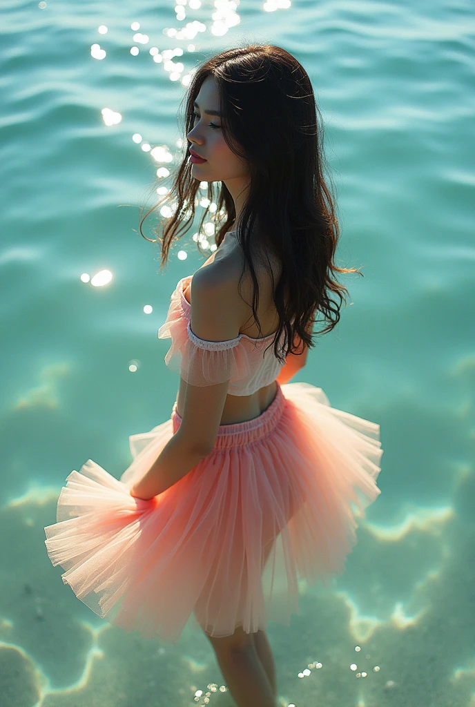 environmental optics,color,Clear light and dark,Sunlight,The light path is visible,girl,Long hair,Light and Shadow,Face shadows,High contrast,Cool colors,Off-shoulder,Bare legs,No backrest,petal,Ocean,tulle skirt,soft water(Low calcium carbonate content,Ocean level,reflective,Romantic