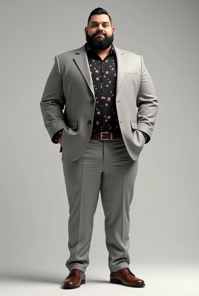 I have a black shirt with very very small pink dots and I want to combine it with a formal light grey suit, a jacket and light grey formal trousers and elegant brown shoes., The shirt has a black and white line with a design similar to flowers but that is hidden when pointed at, create an image with that description, It is for a person a man just a little fat not much, I weigh 86 kilos and am 1.72 cm, black shirt with very very small pink dots and has a short black beard