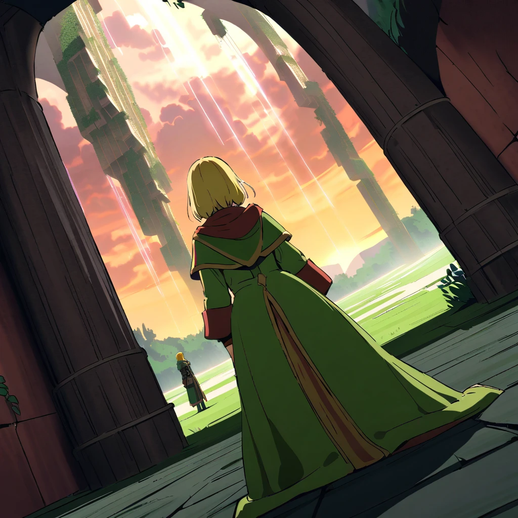 {{cowgirl shot, dutch angle, female focus}} {{Artist: Sincos}}
girl, long green mage robe, blonde, kneeling on the floor, far away, backshot, boy, blonde heavy armor backshot, adventurer, unique, Hanging Gardens of Babylon, fantasy, mystery,