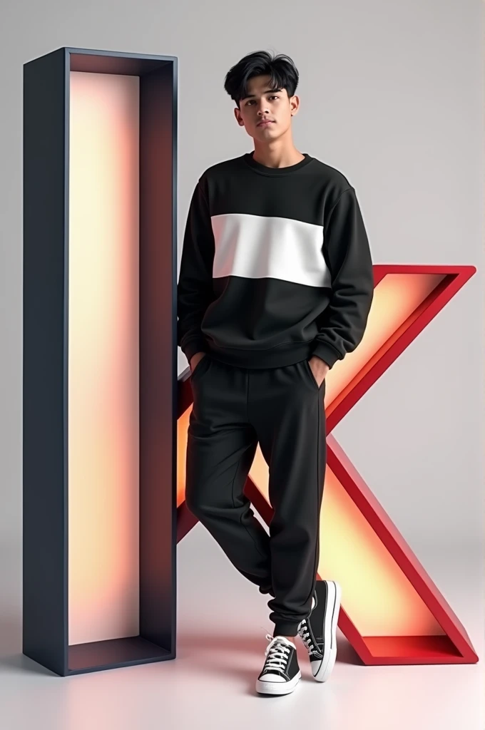 The real Indian -yeld boith black hair is wearing a casual outfit including a black tricolor sweatshirt, jogger pants and sneakers. The man is leaning on a large bright tricolor letter ‘k, which is black with white accents. The overall color scheme is minimal, focusing on the colors of the tricolor. The scene has a modern and clean aesthetic, with soft darks and subtle shadows.”
