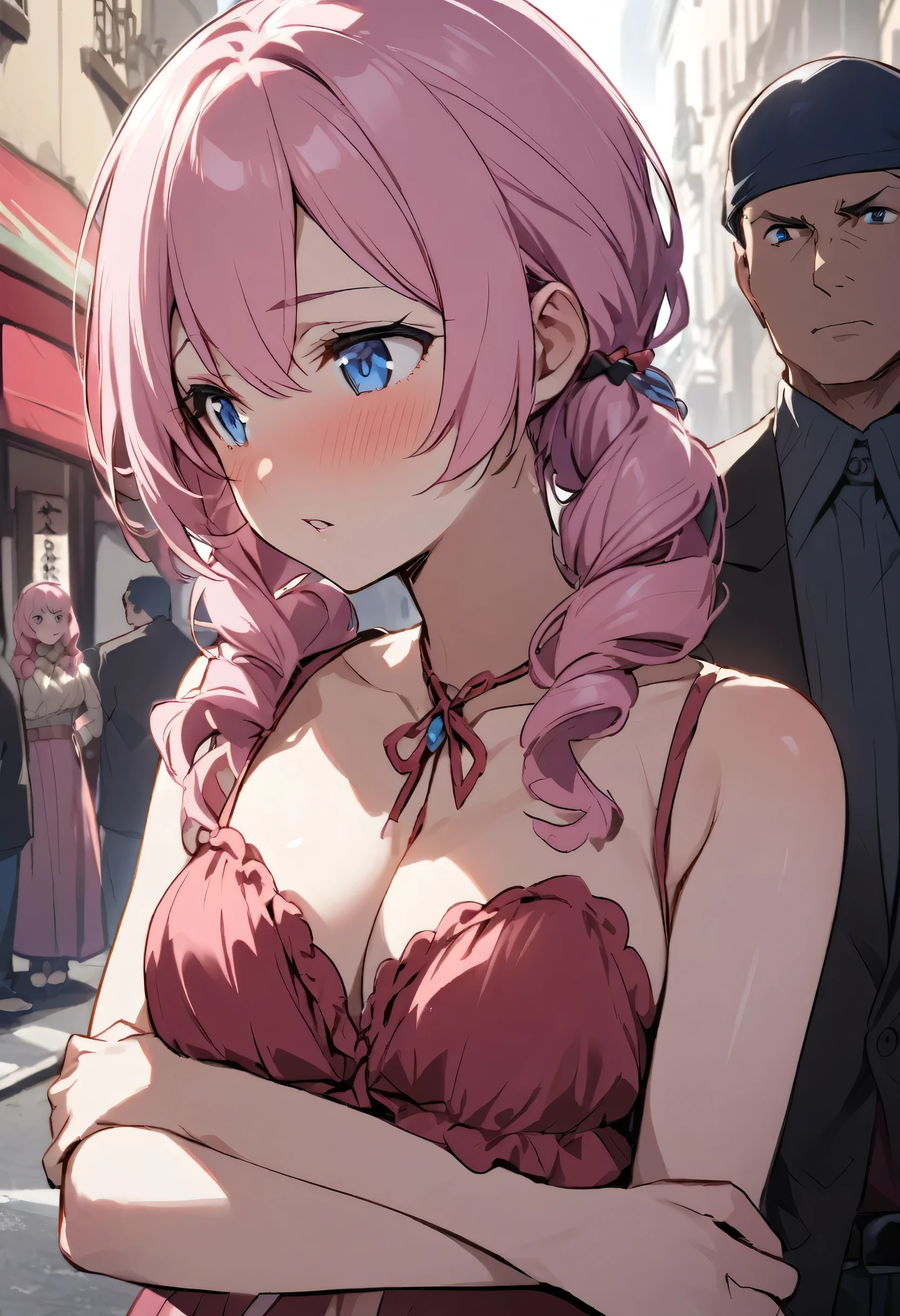 Pink haired girl、Upper Body、Twin Drill、blue eyes、Prostitute、In town、Arm in arm with a man