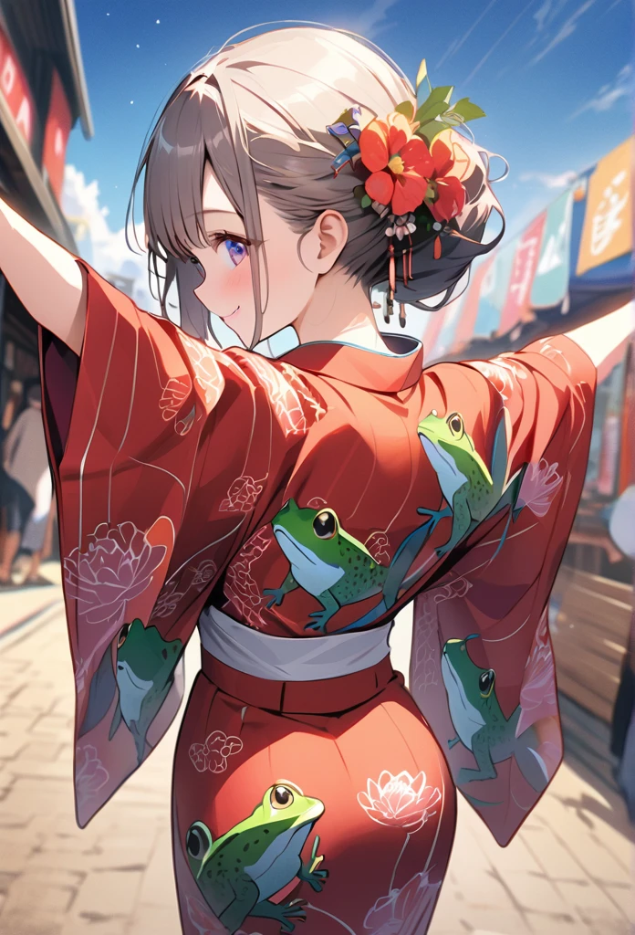 anime、anime調、デジタルanimeアート、Flat Design,(masterpiece:1.2)、Depth of written boundary、Photo、Back blur、sense of distance、high quality、High resolution、Very detailed、(Amazingly absurd:1.2)、(frogs eye view),Festival Venue、Girl in Yukata、Goldfish pattern yukata、Shot、Pose with arms outstretched、tracing、Bright smile、hair ornaments