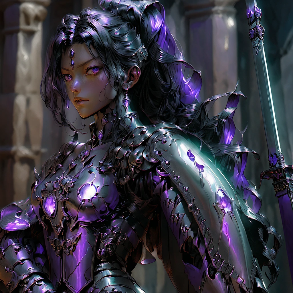 8k magic guide chrome armor Gauntlet Black Hair Cinema Lighting whole body purple Medieval shield Gorgeous and cool sword Geometric pattern Fantasy Realistic Realistic Super detailed steampunk Mechanic Art