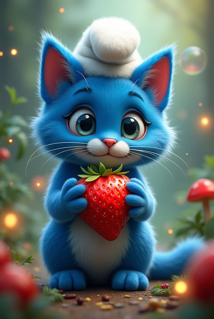 Smurf cat with a strawberry