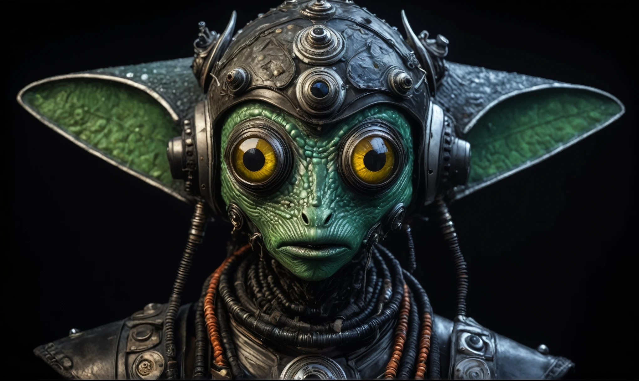 full body length shot,nerd graphite  Alien Entity,native africa slave ,azctec Finnish Lapland,Cinematic,soft colors, Technicolor,natural skin textures, hyper realism, hyper detailed,Extremely detailed,High contrast,Masterpiece,Realistic,Ultra Detailed, intricate details,realistic humid leather,extremely intricate details,Epic Realistic, cinematic style, irina yermolova,high contrast,hdr,extremely detailed, [deep night landscape],masterpiece, intricate details, eyes extremely detailed, high detailed eyes,8k resolution,retina, Nikon Z9,Korea,orc,Egypt, Pisces, transition between two art styles,full body length, Double contact, X-ray, Creative, vivid light, fantasy, Abstract, Surrealism, super detailed, high resolution,insanity national folk wear,skin  almost translucent, gothic elements,Mestichino,Light particles,chaos,starfish's leather,"(The best lighting, dark, dramatic), terror.),(fish eyes, A Modern flat toon Crazy whit a Big ONE a Only Eye Robot, USSR style, and helmet Style, tongs in hands, Tv head, pinhead, camouflage Green White Brown Rusty, Ambient in a meteorite crater super detailed, 