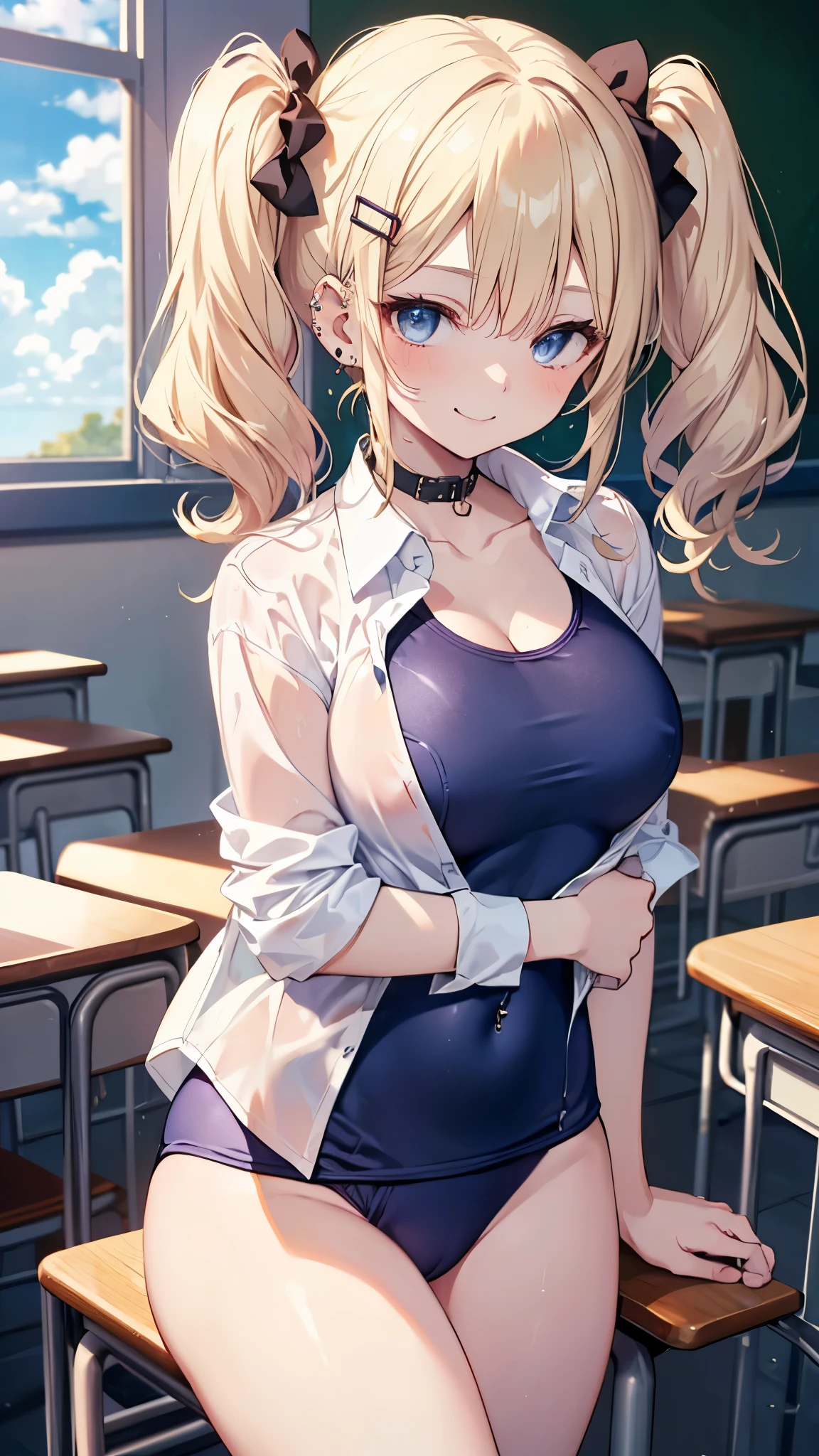 ((masterpiece、Highest quality、Very detailed))、One girl、gyaru、Blonde、side ponytail、Blue eyes、evil smile、((lots of piercing))、Large Breasts、((open white collar shirt))、((Dark blue school swimsuit))、Thick thighs、Cowboy Shot、Classroom Background