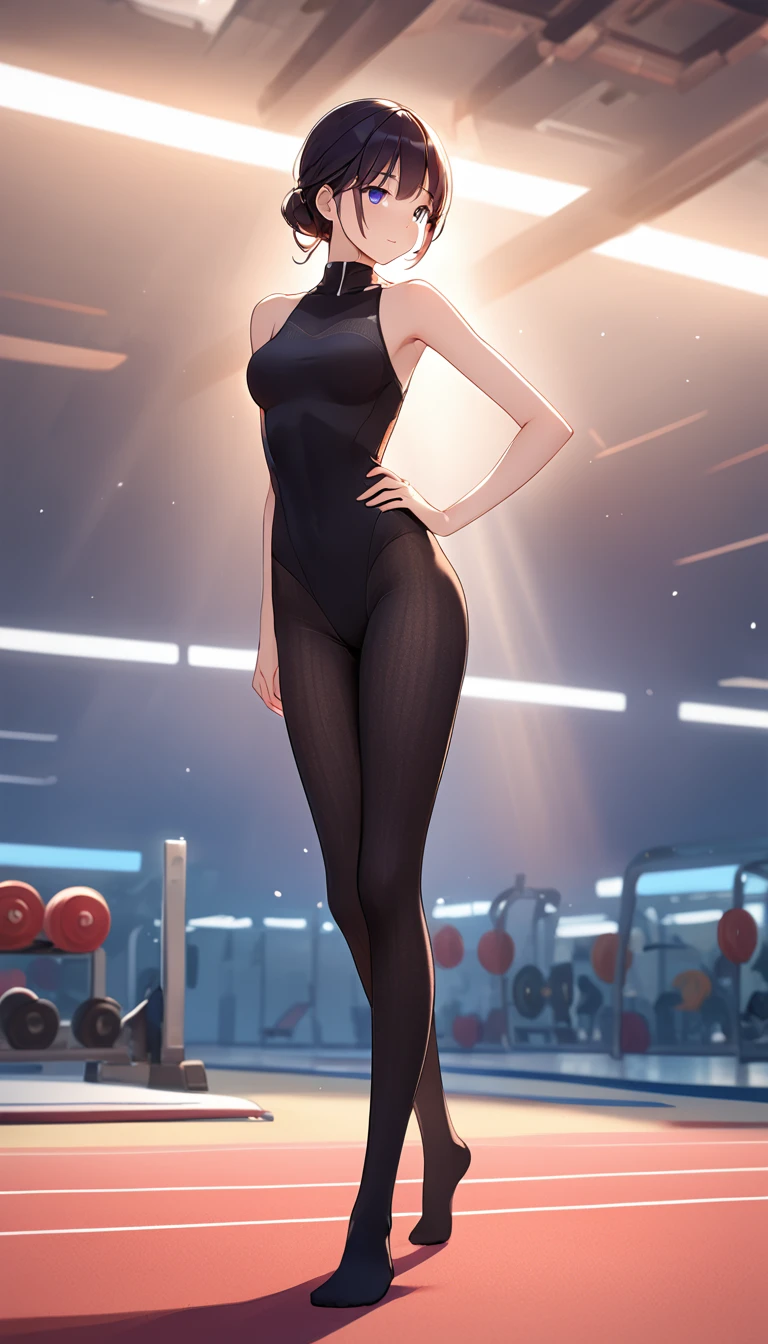 Cao Caoquality illustration, work of art, Very delicate and beautiful, attractive girl,(collant colorido, collant heattech,tight leotard,far away_manga tights,ribbed mesh,Cao Cao_leg tights,high collared shirt), fine tune,slenderbody,Scrawny,gym club,gymnastics athlete,naked legs,gym background,gorgeous eyes, drlight smile,(work of art, best qualityer:1.2), Cao Caores, Extremely detailed CG 8k unity wallpaper, perfect lighting, colorfully, ultra-Cao Cao res,4K,ultra detali, fot, 8k, HDR, 17 ages,cowboy shot,