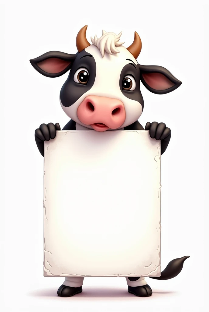 a drawing of milky moo cow holding a blank sign, since she is behind the sign, showing only the face and hands