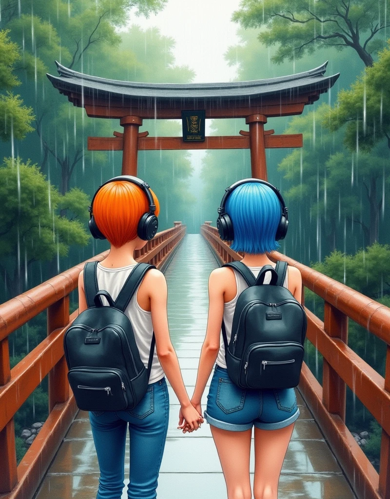 Masterpiece of watercolor painting, view of two girl from back. First taller girl have orange short hairstyles. And second girl stand beside have blue short hairstyles. Both of her wear big headphones, tanktop and short jeans, carry backpack. Standing with a rusted round iron bridge railing, look at a old ancient Japanese wooden gateway with battlements upstair, walkway path through the forest, raining day, high detail photorealism  at raining day