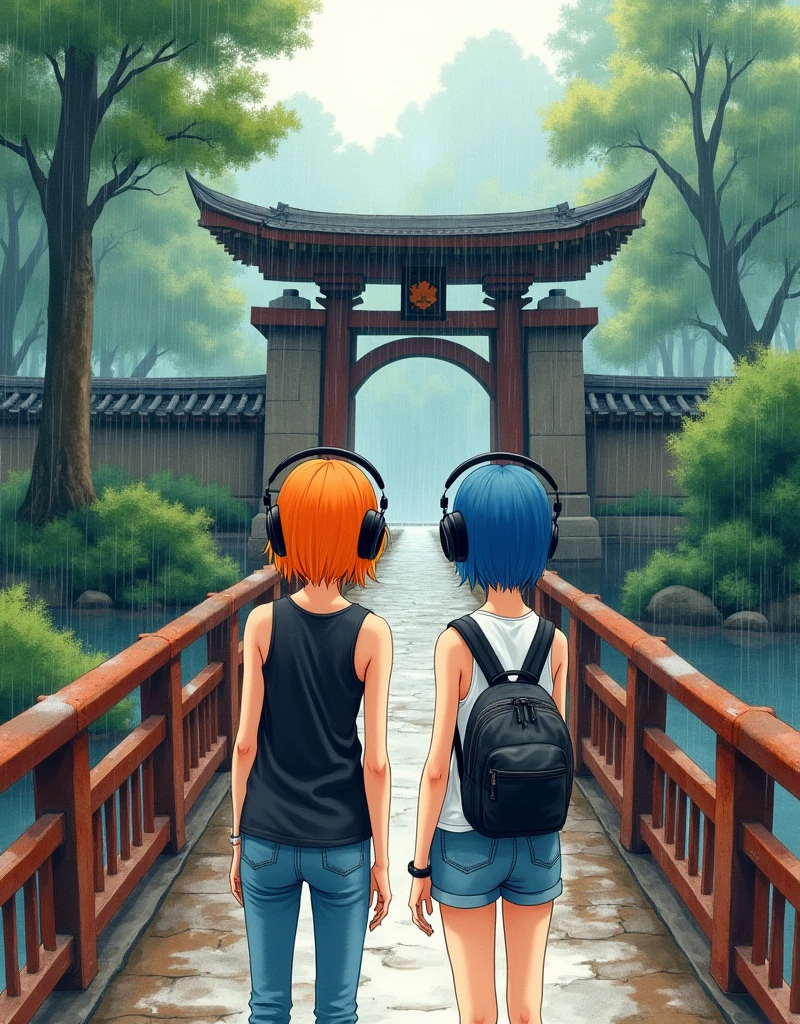 Masterpiece of watercolor painting, view of two girl from back. First taller girl have orange short hairstyles. And second girl stand beside have blue short hairstyles. Both of her wear big headphones, tanktop and short jeans, carry backpack. Standing with a rusted round iron bridge railing, look at a old ancient Japanese wooden gateway with battlements upstair, walkway path through the forest, raining day, high detail photorealism  at raining day