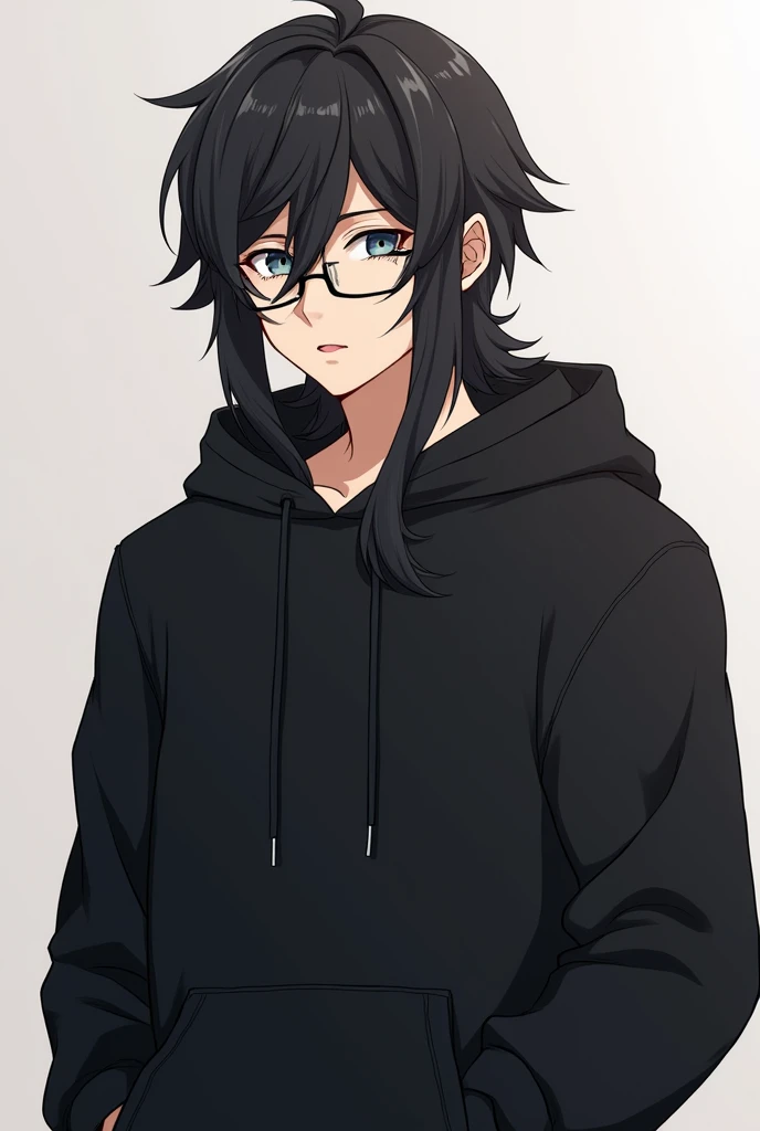 a man with long hair, Wear glasses, and black sweatshirt, that has pectorals, anime version