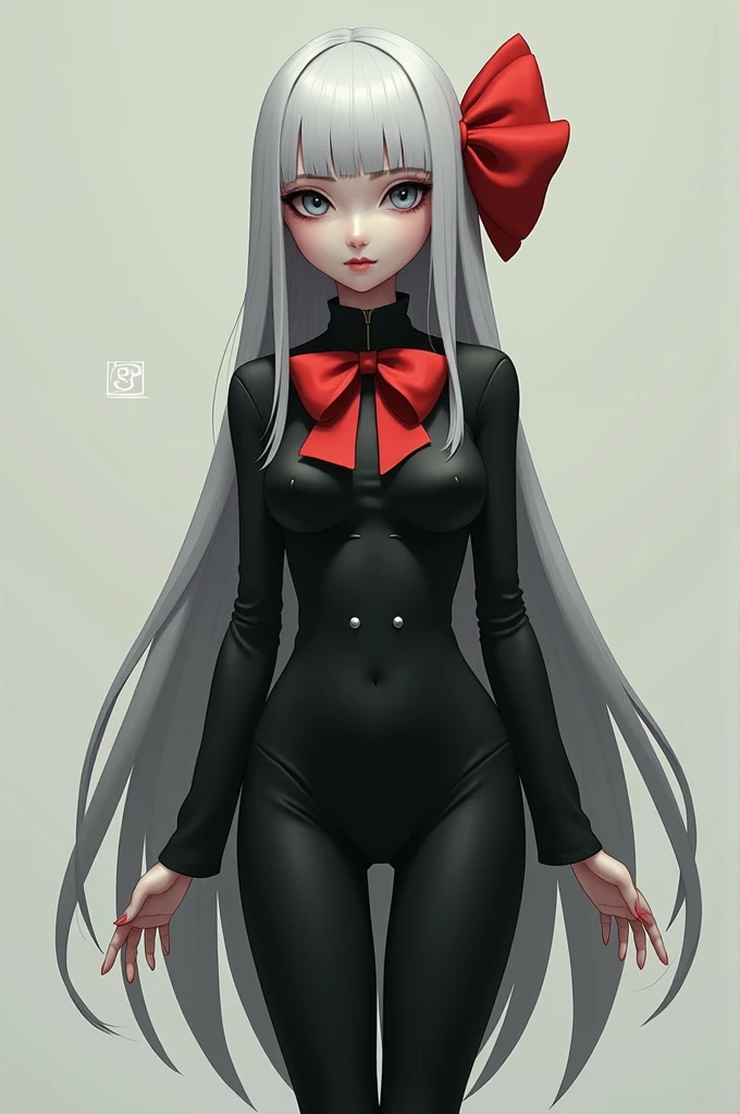 Abolecentes with a pear body with few chests and hips, long gray hair down to the hips, gray eyes, with a black uniform and a red bow