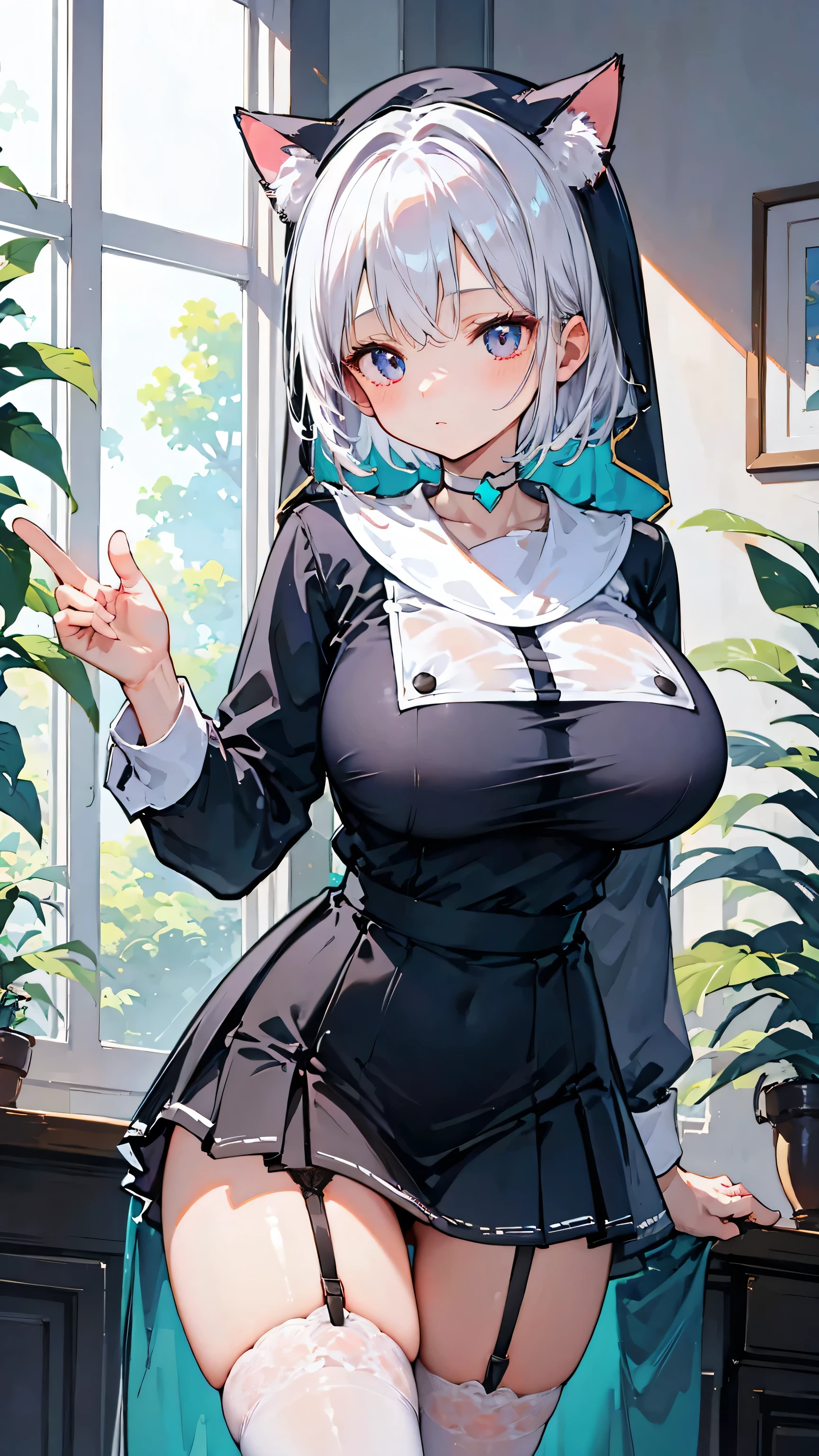 Ultra-high resolution, 8k,high quality,(((Nuns、garter belt,Cat ear,choker,Ultra mini skirt))),(Retrospective angle,Cunning Hand),(Young Girl、glowing、iridescent light,soft shadow,Anime Painting,thin line drawing),One Little Woman,(((enormous breasts,Shapely round breasts))),