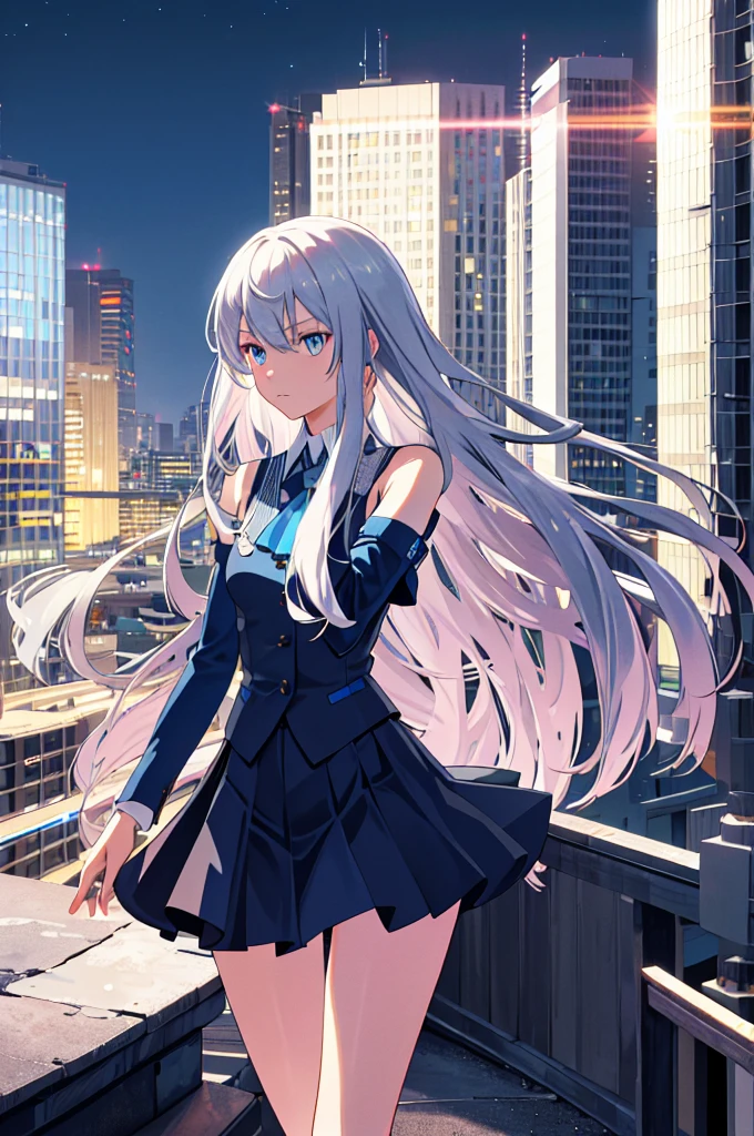 ((masterpiece)), ((best quality)), ((best illustration)), ((ultra-detailed)),((photorealistic color)), 1 lady, solo, ager, absurdly long hair, silver hair, straight hair, ((blue eyes)), ((hyper detailed eyes)), ((hyper detailed face)), gloomy face, lonely, looking at viewer, business suit, off shoulder, sleeveless, ((miniskirt)), bare legs, thin body, thin arms, long arms, standing, cowboy shot, side view, rooftop, skyline, urban, night, moonlight, backlight