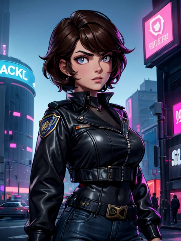 Portrait of natlp as a beautiful female model, georgia fowler, beautiful face, with short dark brown hair, in cyberpunk city at night. She is wearing a leather jacket, black jeans, deep cleavage, dramatic lighting, (police badge:1.2)