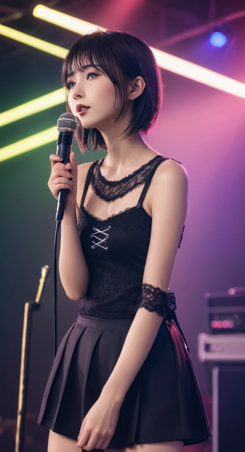 Masterpiece, fine art photography, full shot wide angle, soft edges, high quality image, 1 beautiful japanese AV idol aged 24 years old, dynamic environment, high music, mischievous laugh, winking her eye, punk gothic look, septum ring, black lace corset, soft delicate girl, thin waist, small face, sneakers, holding a mic and singing on stage, band members playing behind, live band music, neon lights, night time, beautiful stage and lightings, candid expressions, bangs with pony, lights falling on her hairs, full body, delicate features, pale slender beauty, beautiful detailed eyes, hazel color eyes, modern woman , blur background, cinematic lighting, HQ, 8k