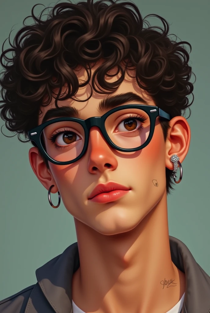 A 22 year old tanned white male, no beard or mustache, SMOOTH FACE, short curly dark brown hair, medium brown eyes and slightly droopy, small mouth, large nose, slightly flat square face, Big cheeks, marked jaw, tthin eyebrows, wears black hexagonal glasses with a very thin temple, has a silver gauge in his left ear and has a silver piercing in his left eyebrow.
