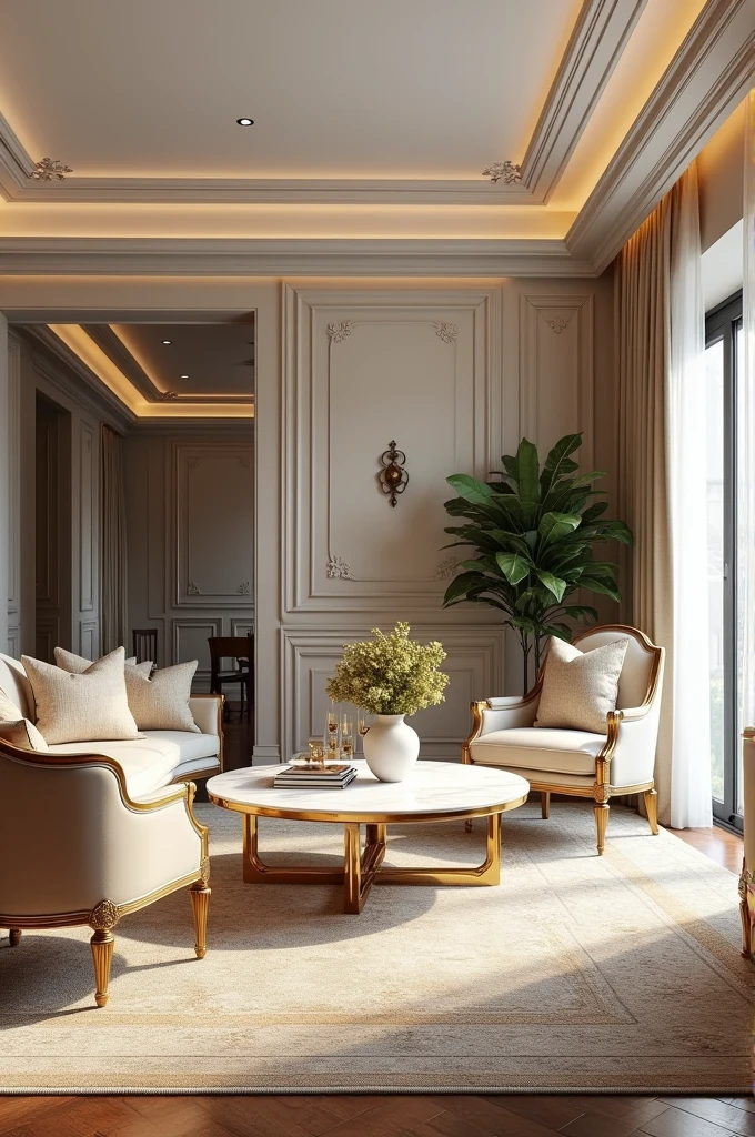 Professional 3d architecture rendering design of modern and  gold French design for living room  with elegant wooden and white marble slab stone  midsummer middle table with elegant French chairs and silk Persian carpet and elegant curtains and clothes wall and showing complete 