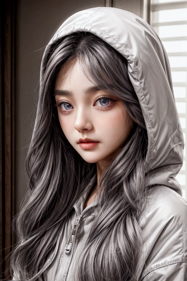 Gender: Female Face: Small face, heart-shaped lips, Soft lips, dimples, arched eyebrows, pure white skin, soft features, snub nose, heart shaped face, long eyelashes, soft hue of eyeshadow, thin chin
Eyes: light gray eyes, Hooded eyes, sleepy eyes, dilated pupils, long eyelashes
Hair: long Wavy hair, dark gray hair, strands of light gray highlights
Features: Resting ????? face, cold, looking like a fairy
Race: white
Age: 22