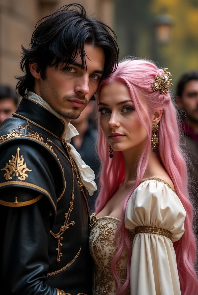 handsome man with messy neck length black hair and dark eyes with beautiful woman with long pink hair and hazle eyes, medieval royal wedding, there are guests in the background.