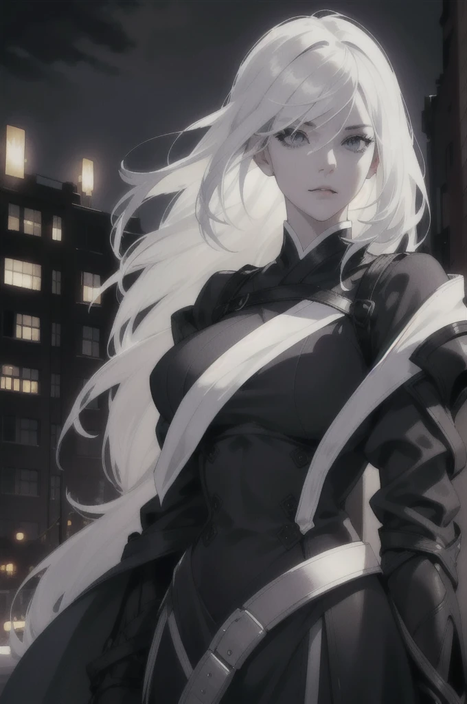 a beautiful white-haired girl with grey eyes and dark circles under her eyes, wearing a black heroine costume, background of a city at night, detailed facial features, detailed costume, detailed cityscape, dramatic lighting, cinematic, 8k, highly detailed, masterpiece, photorealistic