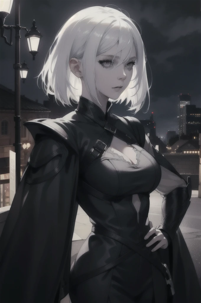 a beautiful white-haired girl with grey eyes and dark circles under her eyes, wearing a black heroine costume, background of a city at night, detailed facial features, detailed costume, detailed cityscape, dramatic lighting, cinematic, 8k, highly detailed, masterpiece, photorealistic