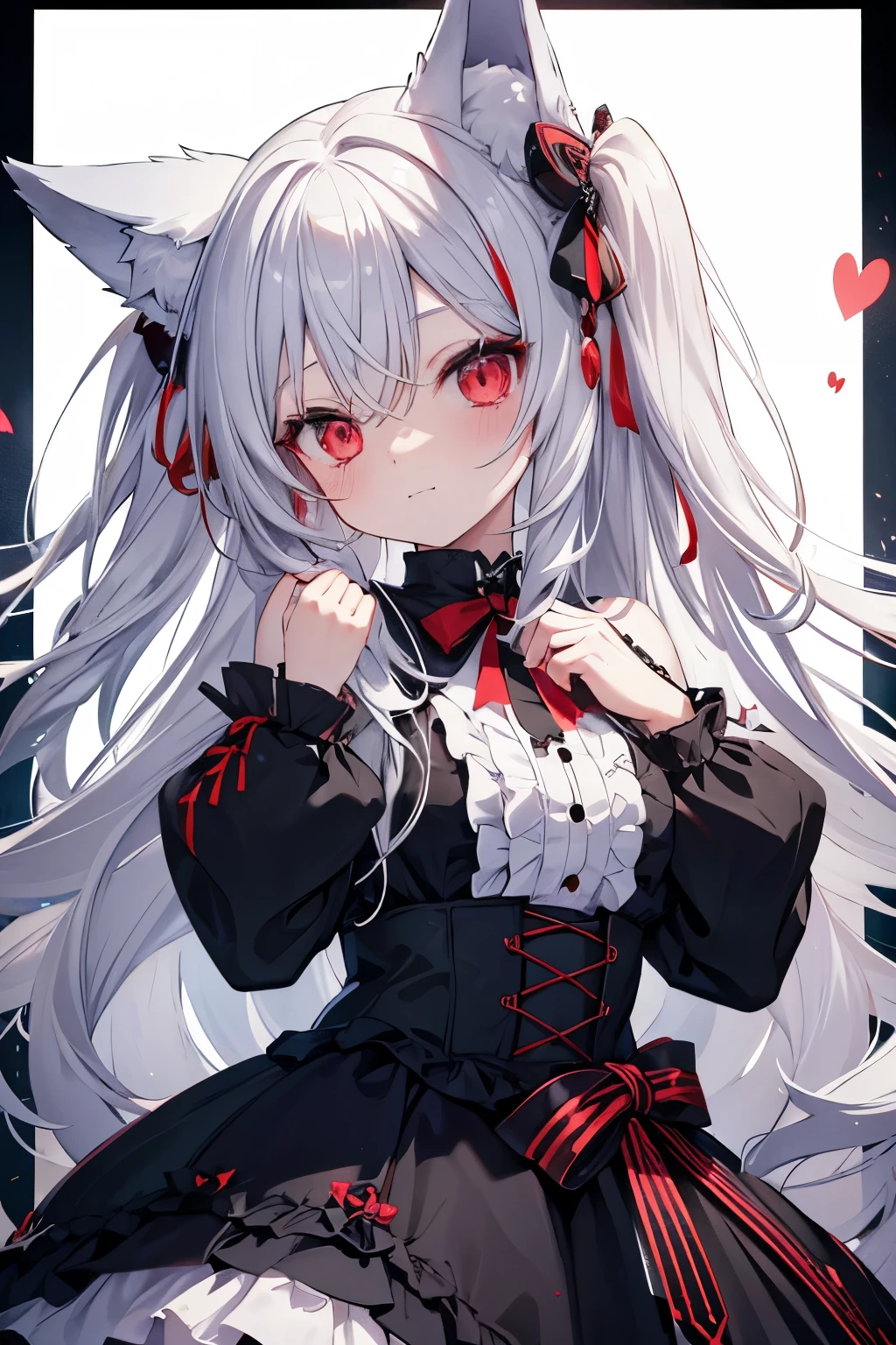 Long Hair, Red eyes, Fox Ears, High detail, Silver Hair, Two Side Up, Animal ears loli, happiness/joy, anime, Gothic Lolita