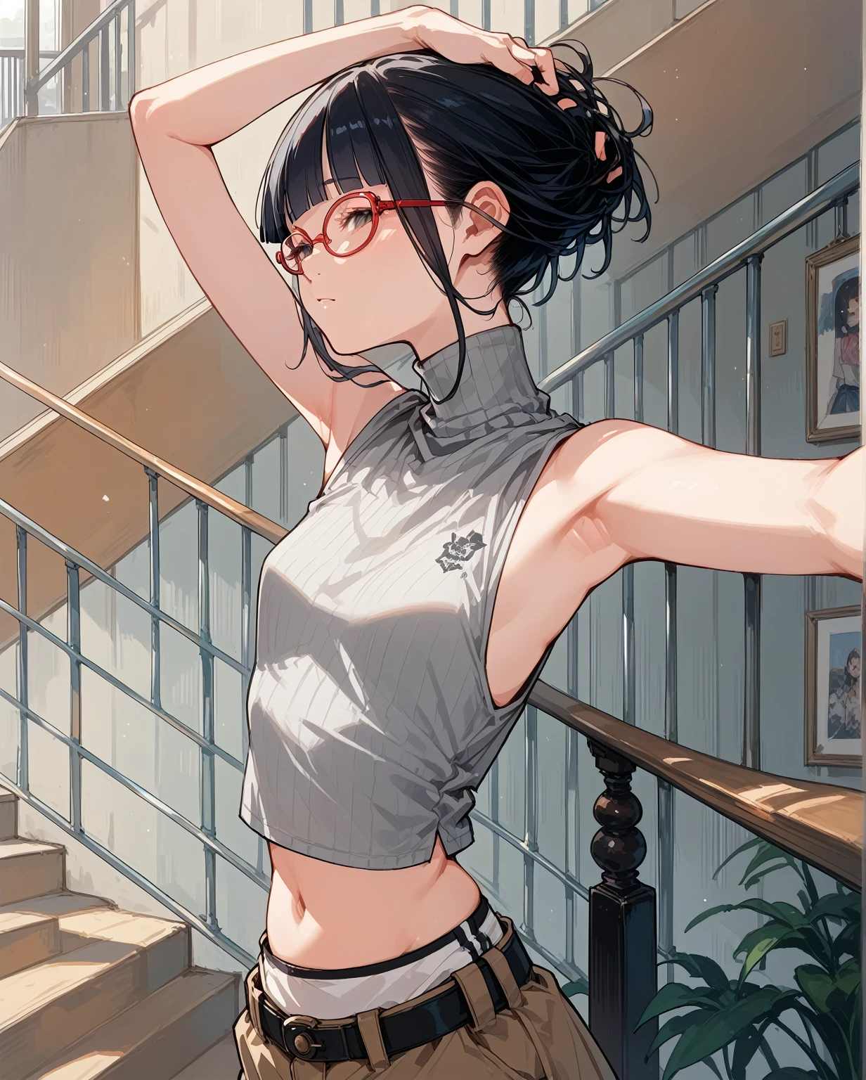 Flat Chest,Focus on your audience,Extremely thin body,Anime Style,Slender figure,delicate,Glasses,Asian woman in grey top and black pants posing on stairs, Sleeveless turtleneck, セクシーなWearing a crop top, Photo of slim girl model, Chiho, T-Top, shikamimi, Wearing a crop top, Real life anime girls, Kurohime cut hair, Shashi, 2 4-year-old female model