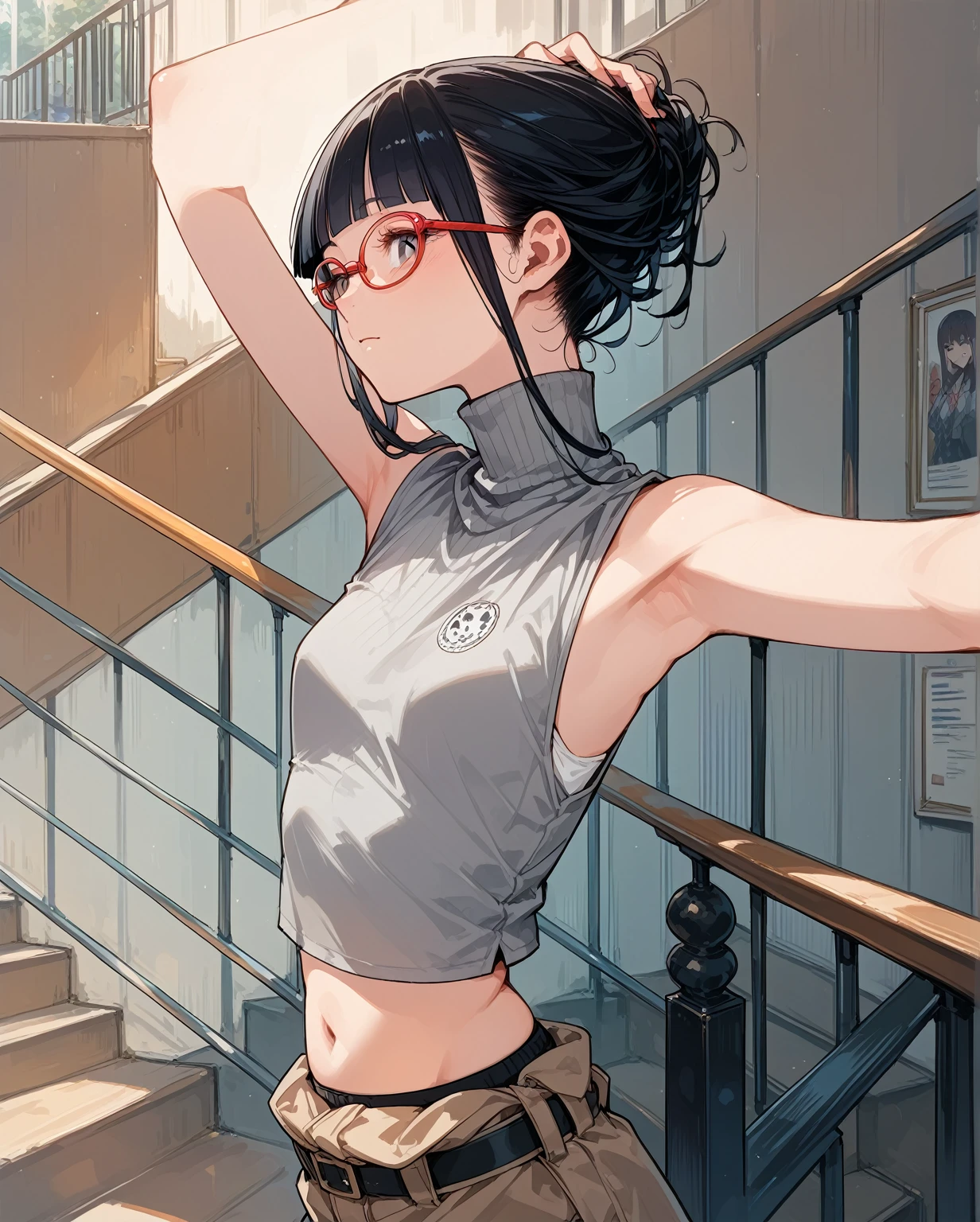 Flat Chest,Focus on your audience,Extremely thin body,Anime Style,Slender figure,delicate,Glasses,Asian woman in grey top and black pants posing on stairs, Sleeveless turtleneck, セクシーなWearing a crop top, Photo of slim girl model, Chiho, T-Top, shikamimi, Wearing a crop top, Real life anime girls, Kurohime cut hair, Shashi, 2 4-year-old female model