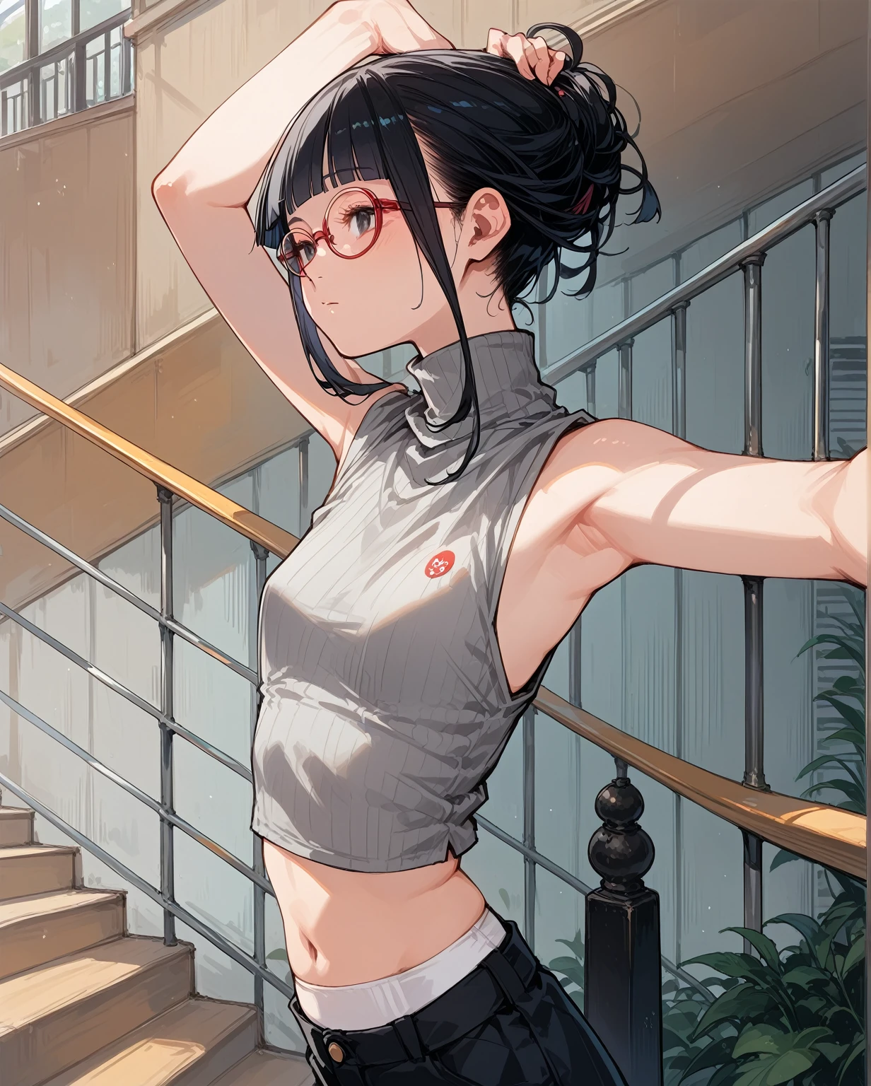 Flat Chest,Focus on your audience,Extremely thin body,Anime Style,Slender figure,delicate,Glasses,Asian woman in grey top and black pants posing on stairs, Sleeveless turtleneck, セクシーなWearing a crop top, Photo of slim girl model, Chiho, T-Top, shikamimi, Wearing a crop top, Real life anime girls, Kurohime cut hair, Shashi, 2 4-year-old female model