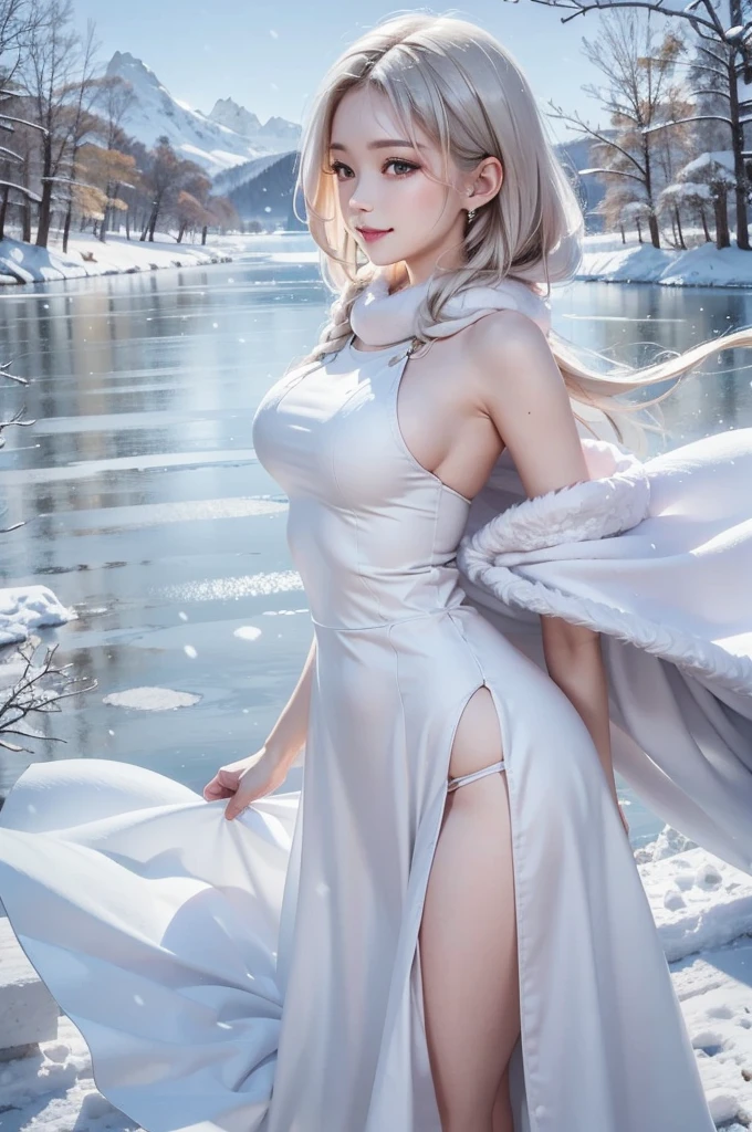 (the upper body:1.5).masterpiece、Highest quality、1 girl, winter, platinum blonde hair, Cute girl, smile, close mouse, medium breasts, sideboob:1.4, white dress, winter clothes, long skirt, Fur coat、Small waist、Thin legs、outdoors, front of the lake, snow falling, Prayer Pose, join hands, from side:1.5, side view,