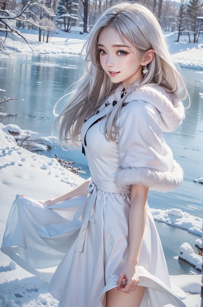 (the upper body:1.5).masterpiece、Highest quality、1 girl, winter, platinum blonde hair, Cute girl, smile, close mouse, medium breasts, sideboob:1.2, white dress, winter clothes, long skirt, Fur coat、Small waist、Thin legs、outdoors, front of the lake, snow falling, Prayer Pose, join hands, from backside:1.5, look back:1.6, face, style
