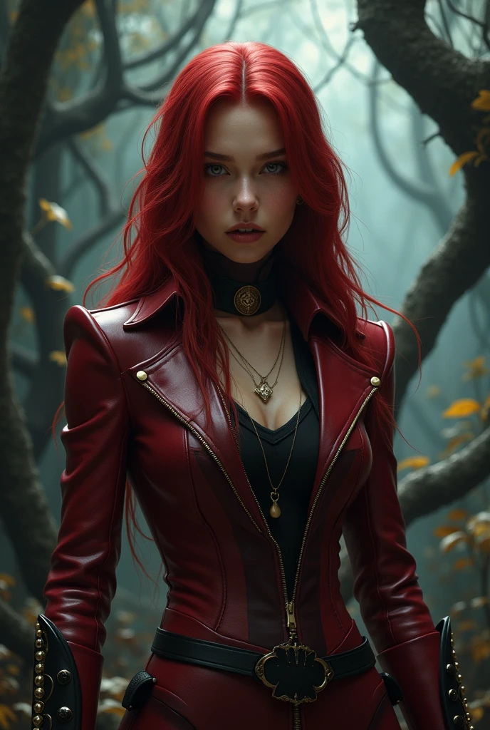 A girl looking straight ahead with light brown skin and long red hair wearing a wine red villain-type leather suit with black and gold details and a dark enchanted forest in the background.