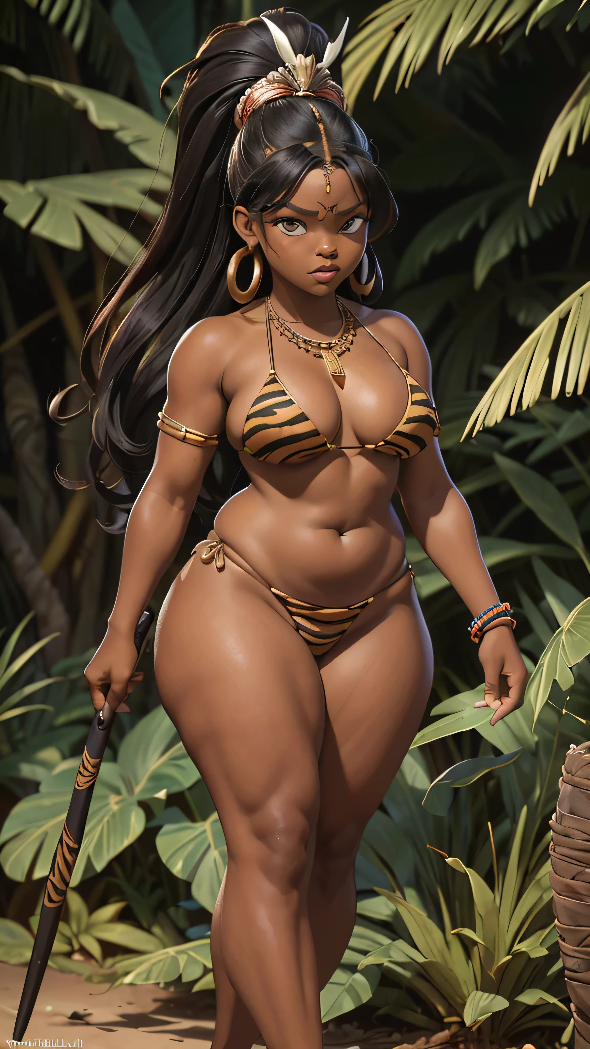 (((Jackie Parris))), (((Simon Bisley))), (((Frank Frazetta))), ((((absurdists))), (((best quality))), (((masterpiece))), thicc curvy chubby wide hipped 25-year-old African woman, Zulu warrior of the middle ages, war paintings by body, perfect and proportional body, zebra camouflage, afro hair, black-skinned savanna warrior wearing very few clothes and many necklaces and body adornments, tiny bikini made of African beads, holding a spear and walking through the jungle, lush vegetation, very hot, she is sweaty and her black skin glows under the scorching sun of the Amazon