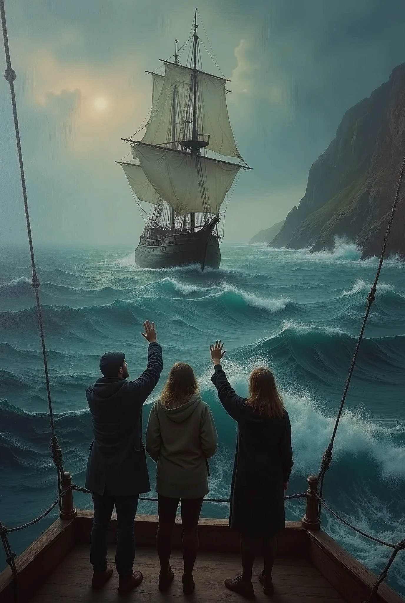 a gloomy oil painting of friends waving goodbye to a caravel ship, detailed faces, emotional expressions, dramatic lighting, mist and fog, overcast sky, turbulent waves, wooden deck, ropes and rigging, rugged coastline, (best quality,4k,8k,highres,masterpiece:1.2),ultra-detailed,(realistic,photorealistic,photo-realistic:1.37),dramatic lighting,cinematic composition,moody atmosphere,emotive,melancholic,somber tones,rich textures,impasto brushstrokes,deep shadows,glowing highlights